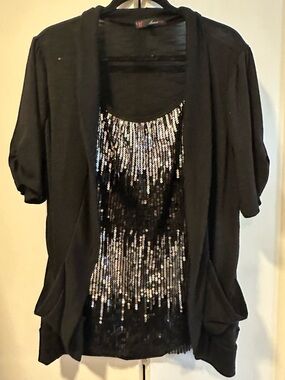 HeartSoul 3x Black Sequin Tank with Open Front Cardigan with Pockets
